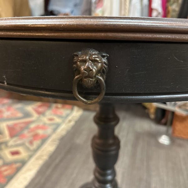 Vintage Pedestal End Table Painted Black w/ Wood Top, Drawer w/ Lion's Head Pull 22" Dia x 26.5"h IN STORE PICKUP ONLY
