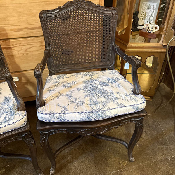 Pair Caned chair with blue cushion