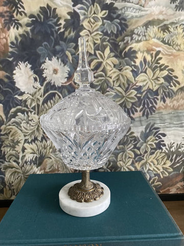 Vintage Crystal Pedestal Dish w/ Brass and Marble Base 12.5"h x 6"w