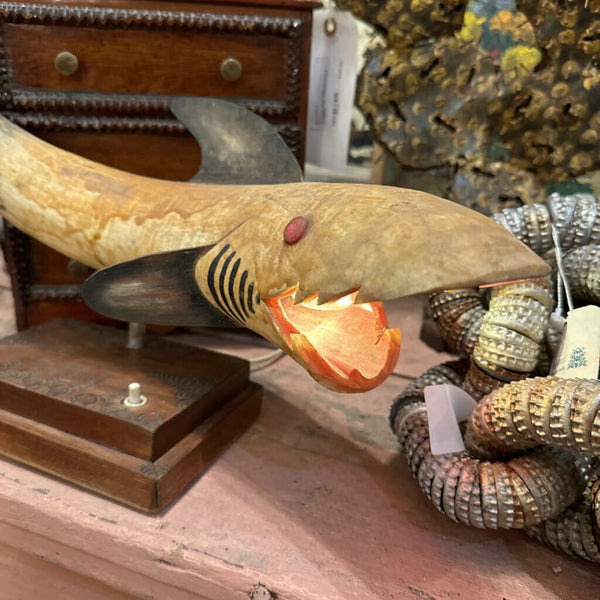 Vintage folk art fish lamp made of horn and wood
