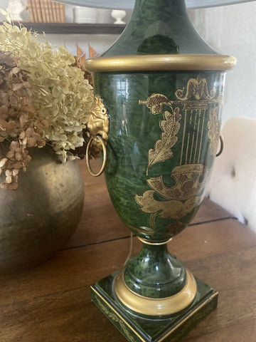 Vintage GreenToleware Urn Lamp With Lions Heads