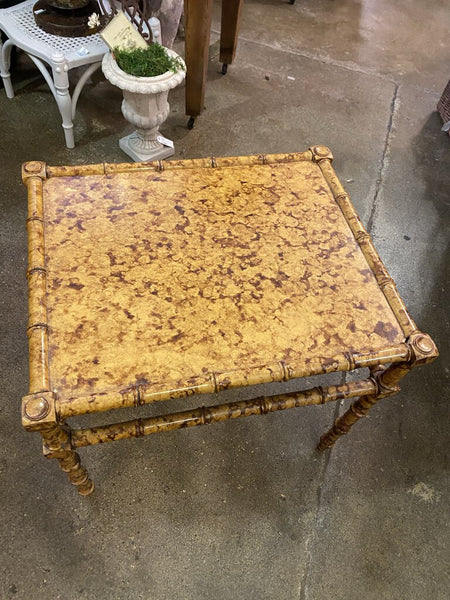 Vintage Burnt Tortoise Bamboo Occasional Table 26"w x 22"d x 22"h (as found) IN STORE PICKUP ONLT