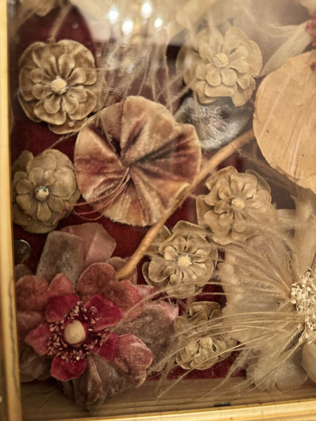 Vintage Victorian Silk Flowers in a Shadowbox Frame w/old glass