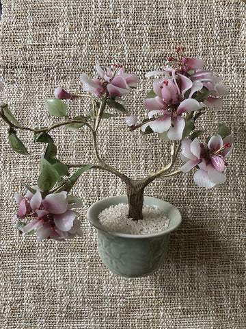 Vintage Rose Quartz & Jade Cherry Blossom in Celadon pot