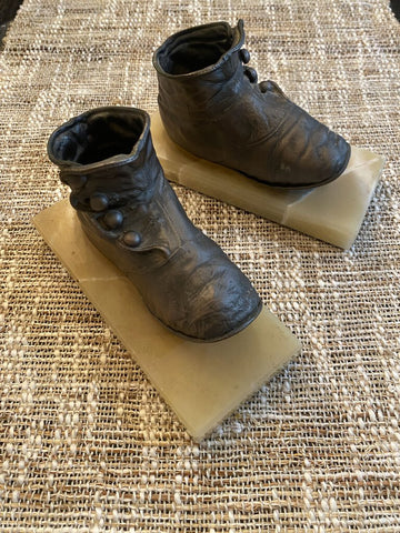 Vintage Baby Shoe Bookends w/ Marble Base