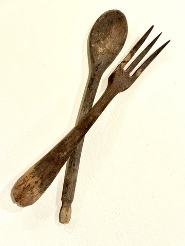 PRIMATIVE HANDCARVED WOODEN FORK AND SPOON. Both 9 1/2" Length (Sold as a Pair)