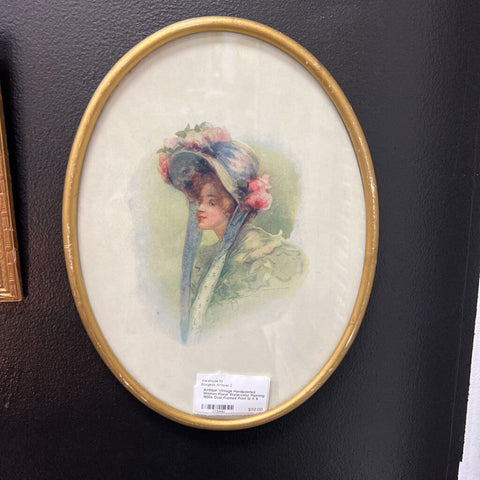 Antique Vintage Handpainted Woman Floral Watercolor Painting 1900s Oval Framed Print 12 X 9