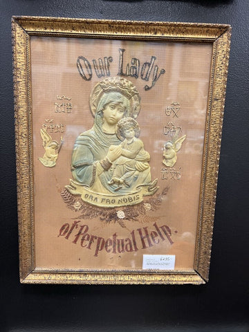 Antique Our Lady of Perpetual Help Embroidery & Wax 19thc