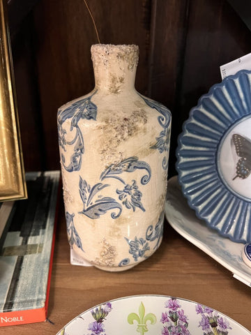 Distressed blue and white bottle vase