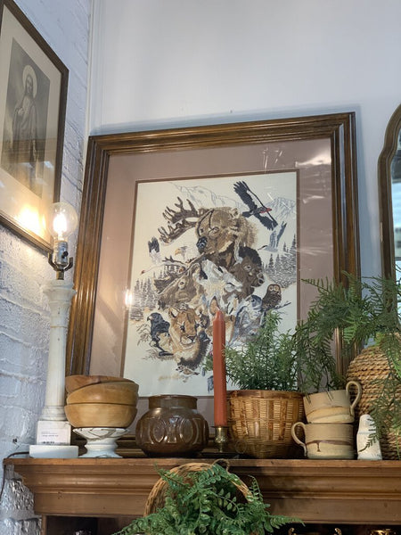 Large vintage embroidered woodland framed art IN STORE PICK UP ONLY