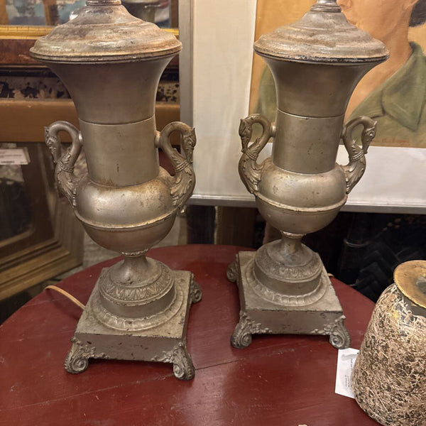Pair of crusty silver swan lamps