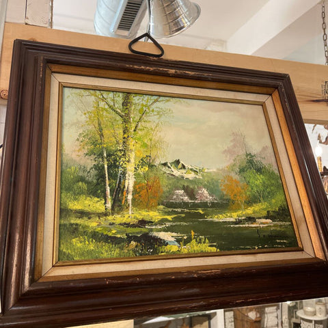 vintage framed signed mountain scene green landscape as is