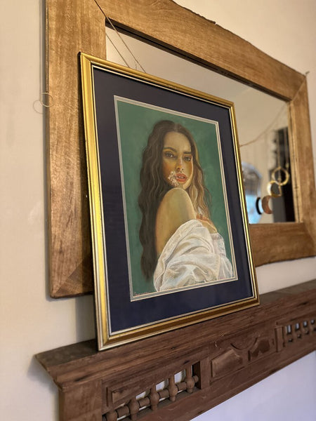 Artist signed flower child pastel framed portrait 18x22