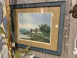 Vintage Signed Framed Painting- Village & Beach- Brazil- Signed RioSpinto- 18.5" x 22.5"