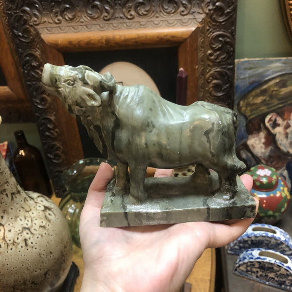 Vintage Carved Jade African Buffalo Bull Statuette