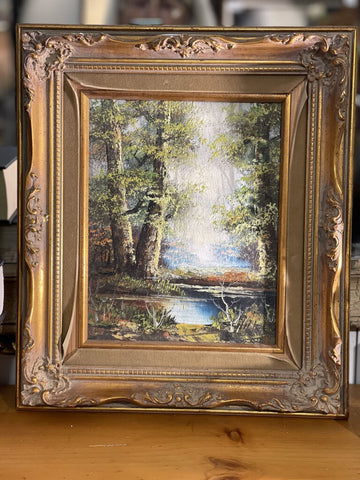 Vintage gold & green velvet framed signed landscape painting as is