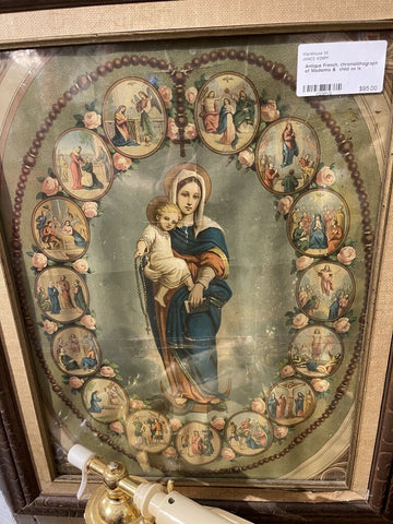 Antique French, chromolithograph of Madonna & child as is