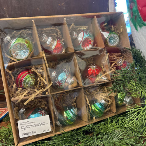 2"H - 3"H Glass Vintage Style Ornaments, Multi Color, Boxed Set of 12
