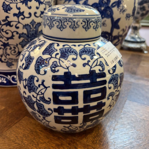 Blue and white double happiness ginger jar, 8 1/2" high