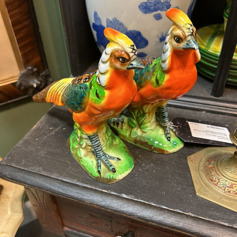 Set of 2 Vintage Ceramic Orange and Green Pheasants