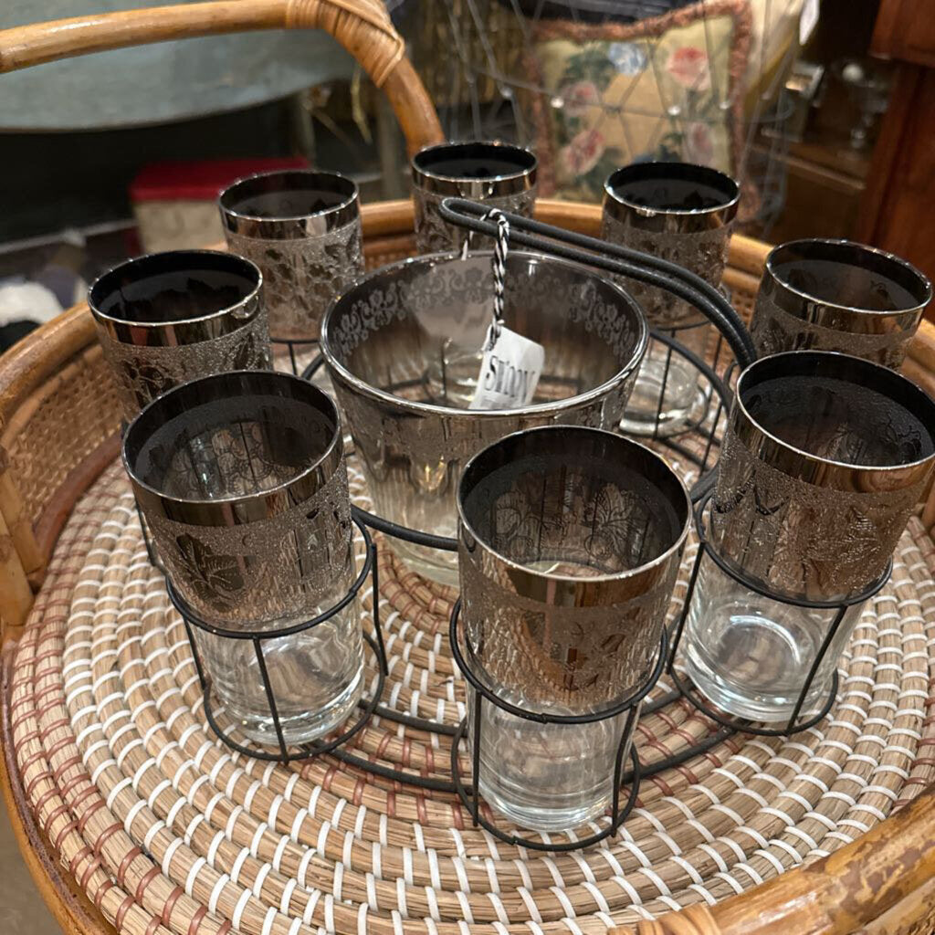 MCM SET OF 8 COCKTAIL GLASSES, ICE BUCKET, AND SERVER. IN STORE PICKUP ONLY