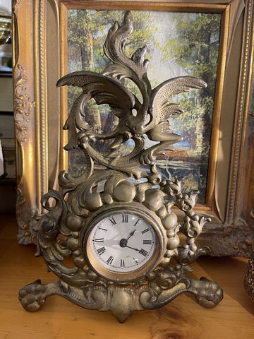 ANTIQUE VICTORIAN BRASS figural MANTEL CLOCK as is11 in high