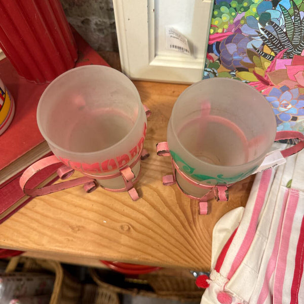 Pair of mod soda glasses pink metal base (pair)
