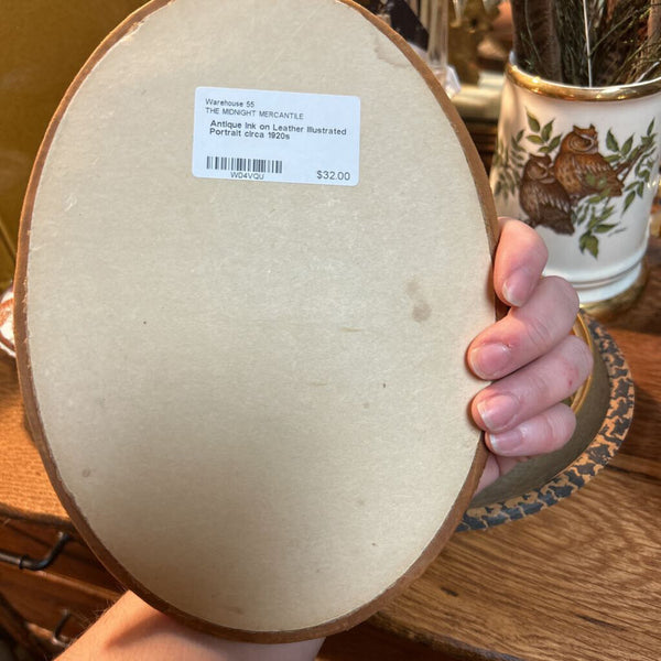 Antique Ink on Leather Illustrated Portrait circa 1920s