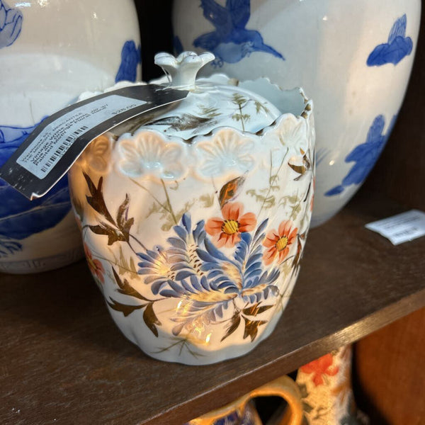 Vintage White Ceramic Jar w/ Blue and Orange Floral Hand Painted Motif