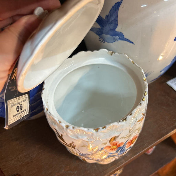 Vintage White Ceramic Jar w/ Blue and Orange Floral Hand Painted Motif