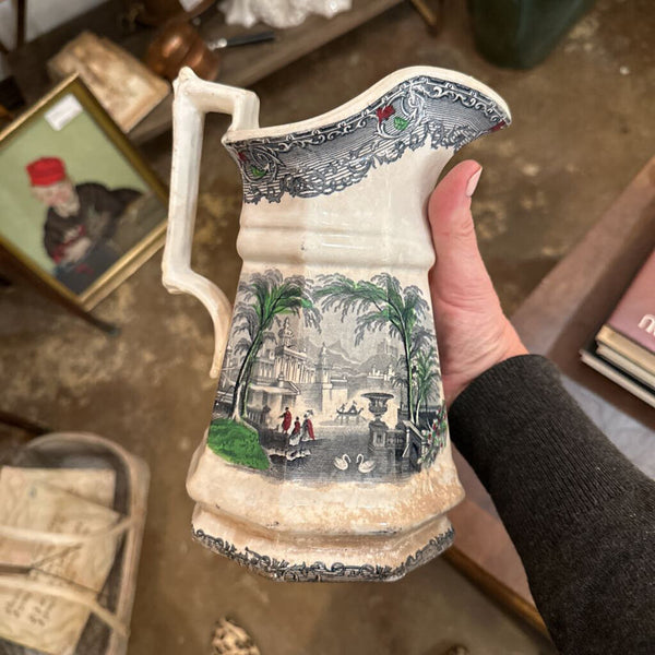 ANTIQUE IRONSTONE TRANSFERWARE PITCHER. WONDERFUL CRAZING! 8 1/2" X 6 1/2" In Store Pickup Only