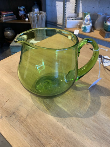 Vtg Blenko Fat Green Pitcher- 5.75" t x 5" w x 7" l to handle