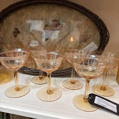 set of 6 antique needle-etched peach tinted champagne coupes (as found)