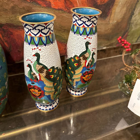 White Peacock Motif Cloisonne Vases pair