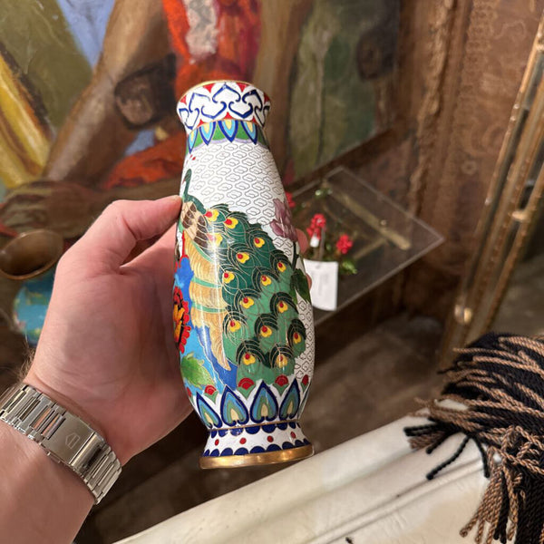 White Peacock Motif Cloisonne Vases pair