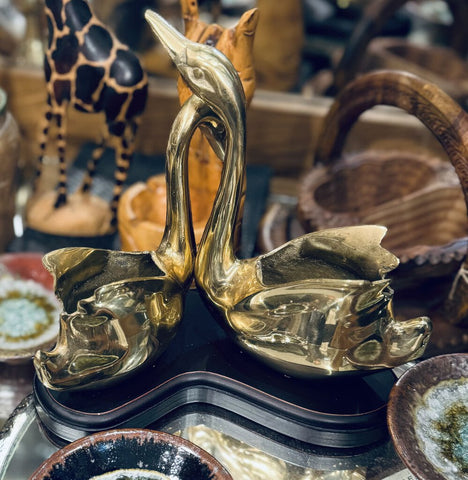 Brass Swans on a Wooden Base Vases