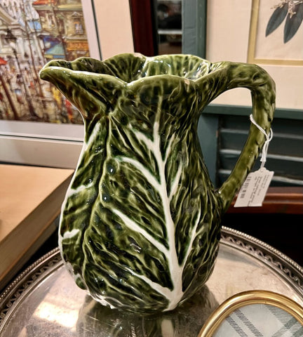 Green cabbage pitcher - made in Portugal, as found. Small chips on rim