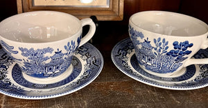 Pair of Blue Churchill transferware tea cups and saucers