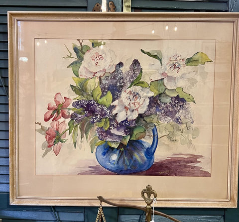 Beautiful Vintage Watercolor - flowers in blue pitcher approx 27x32