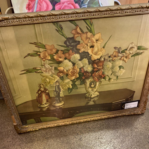 Framed Floral Vase Print as found 18x22