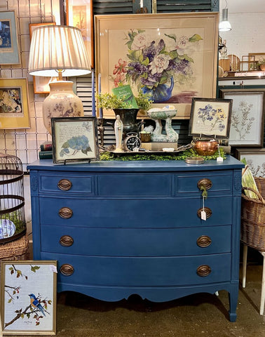 Vintage, bow- front, 4-drawer dresser painted in a custom blue - In Store Pick up Only 45.75w 21.25d 36h
