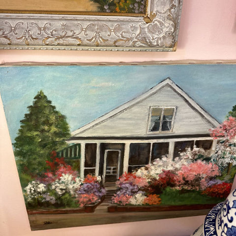 1950s signed oil, cottage with garden, 16" X 20"