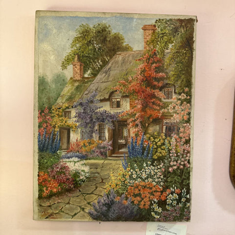 1950s signed oil, English cottage, 13' x 17"