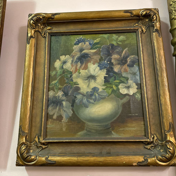 Framed oil, petunias in vase, 17 1/2" x 19 1/2"