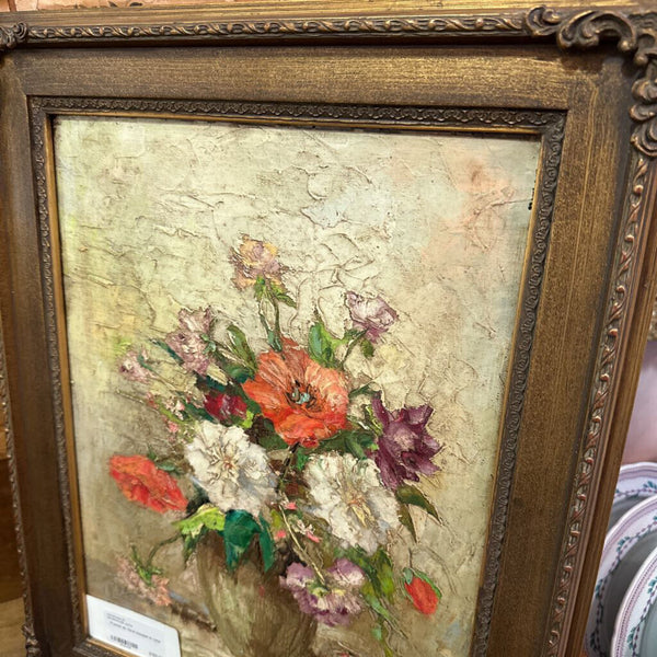Framed oil, floral bouquet in vase