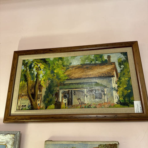Framed oil, country cottage , @1970 , 16 1/2" x 28 1/2"