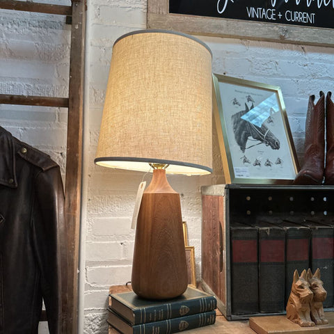 PAIR of MCM Danish Inspired Teak Wood Lamps Original Shades AS FOUND Local Pick Up
