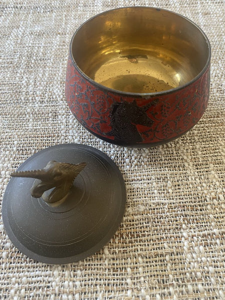 Brass Enamel Unicorn Covered Bowl With Lid