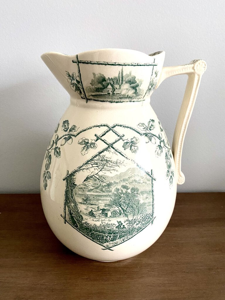 Late 19th Century Ironstone Pitcher by Willeman Lake Scenery Staffordshire (As Found) 12”h x 9”w