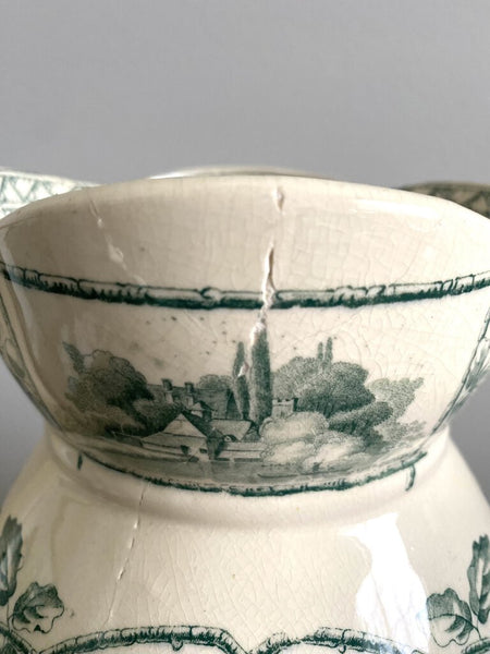 Late 19th Century Ironstone Pitcher by Willeman Lake Scenery Staffordshire (As Found) 12”h x 9”w